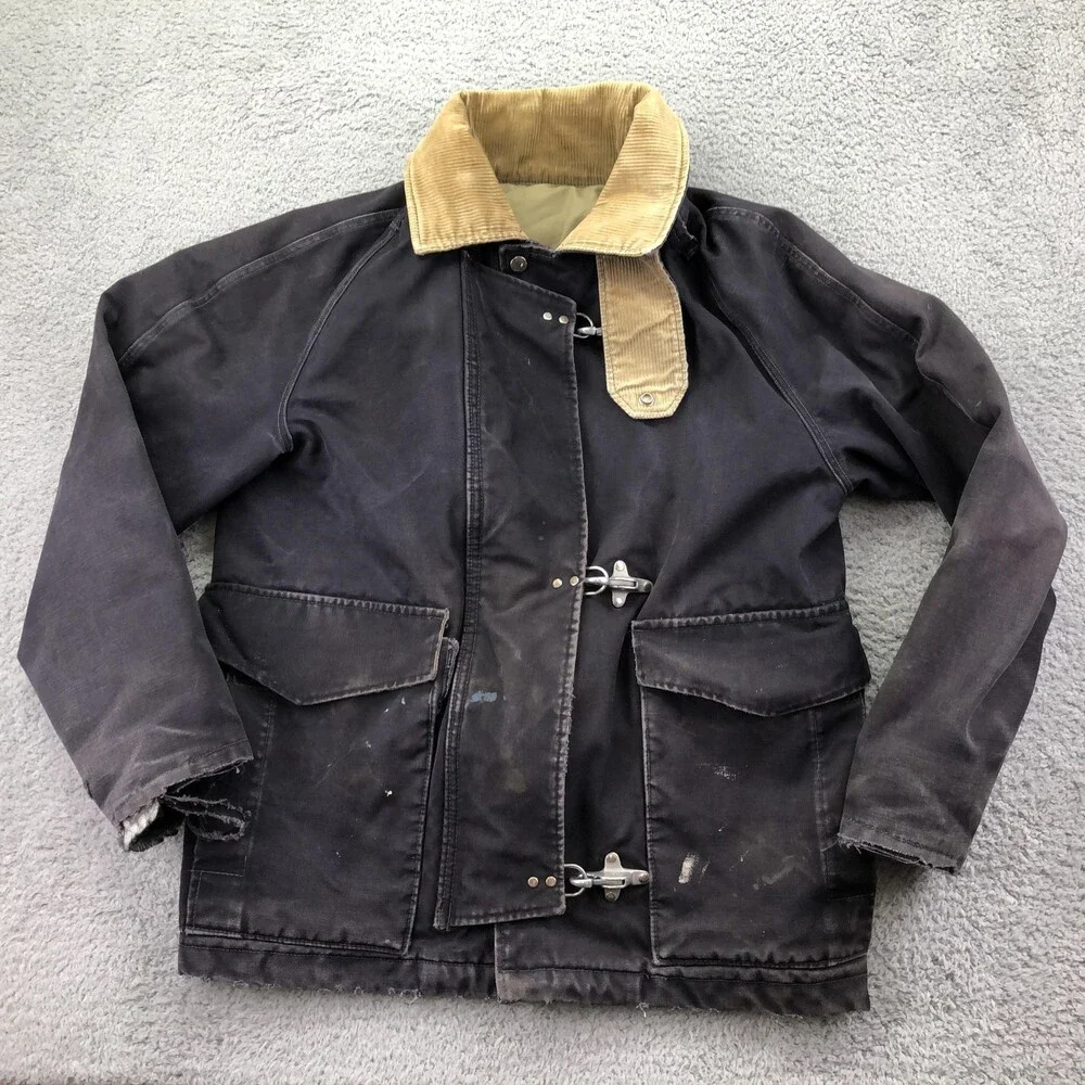 Vintage Canvas Coat Men Large Black Corduroy Collar Hook Insulated Fireman Clasp